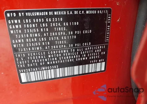 2018 Volkswagen Tiguan 2.0T Se/2.0T Sel из США, поврежденный, VIN 3VV2B7AX1JM003383